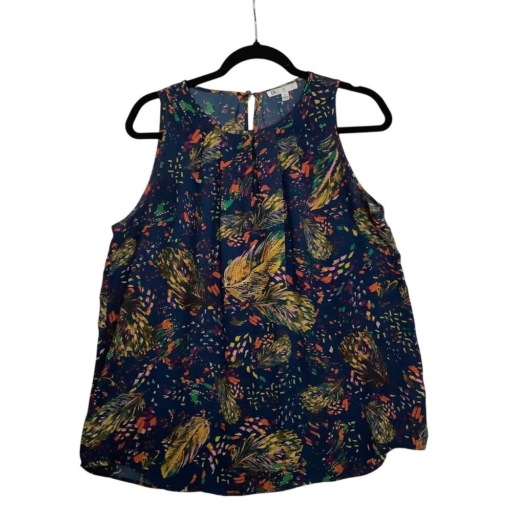 DR2 Sleeveless Navy Feather Print Blouse Women Size Medium Lightweight Tank Top
